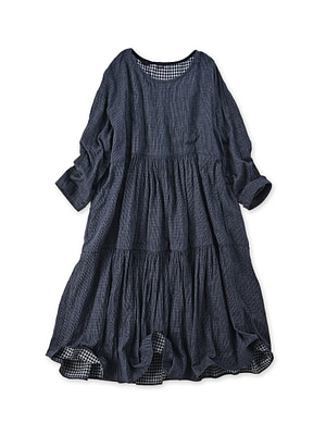 Indigo Fuwafuwa Double Woven Tiered Dress Thin Stripe