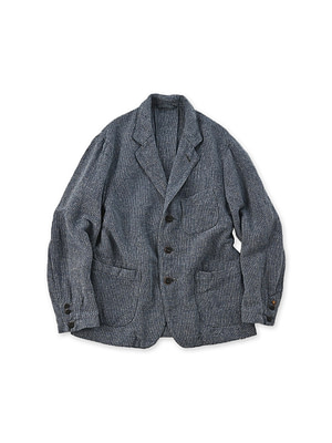 Indigo Cotton Linen Tweed Tyrol Jacket Navy Herringbone