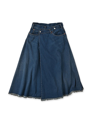 Omugi Denim Crossover Skirt Distressed Dash Indigo Syou