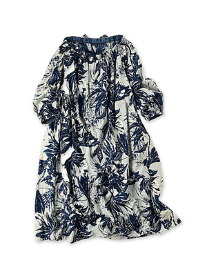 Indigo Eastern Aloha Print Puff Dress Base Discharge Print