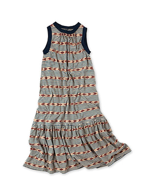 Jacquard Border Gather Dress Tri-color Jacquard