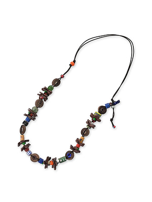 Leather x Glass Beads Round Flower Necklace Brown