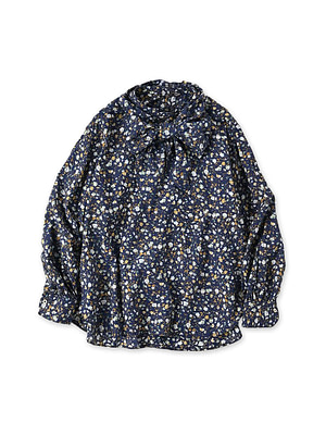 Indian Khadi Flower Print Ribbon Blouse Navy