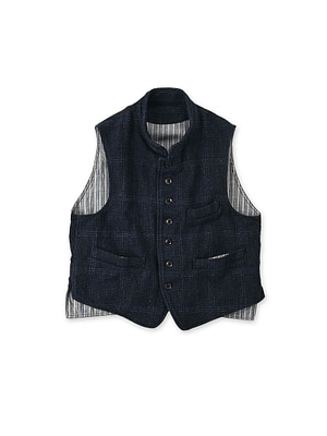 Indigo Cotton Tweed 908 Stand Vest Indigo Check