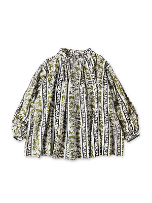 Indian Striped Flower Block Print Smock Blouse Green