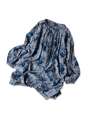 Indigo Gauze Rose Print Gather Tunic Blouse Dungaree