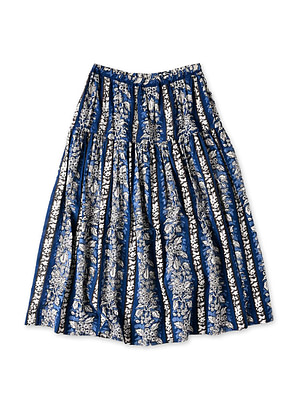 Indian Striped Flower Block Print Tiered Skirt Navy