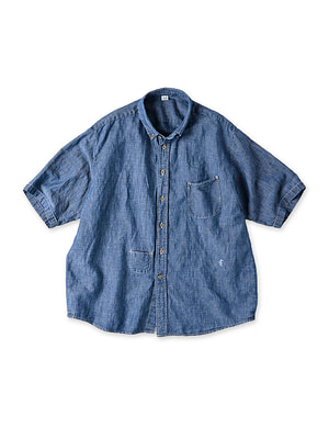Cotton Linen Ruri Dungaree Ocean Short Sleeve Shirt Zyu