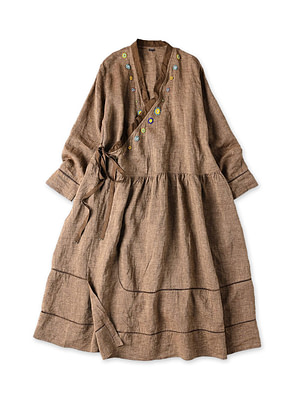 Indian Linen Beads Embroidery Cache-Coeur Dress Brown