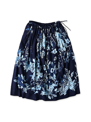 Anemone Bird Print Gather Skirt Indigo Discharge Print