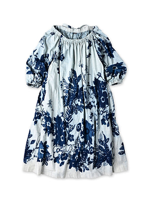 Anemone Bird Print Shirring Dress Base Discharge Print