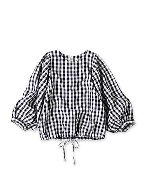 Indian Dozume Linen Puff Blouse Navy Gingham
