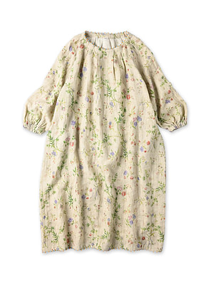 Indian Cotton Linen Double Woven Flower Print Tuck Dress Beige