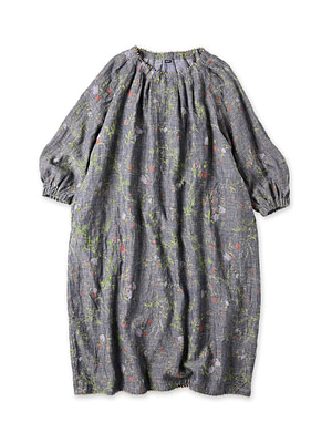 Indian Cotton Linen Dungaree Double Woven Flower Print Tuck Dress