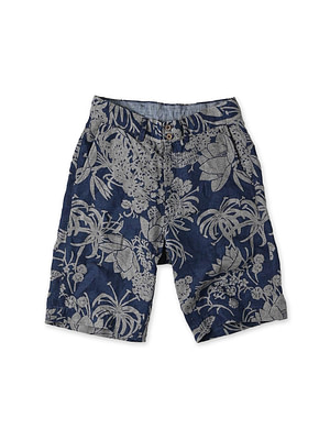 Indigo Linen Lotus Print Nîmes Short Pants MEN