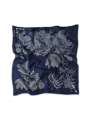 Indigo Linen Lotus Print Embroidered Bandana