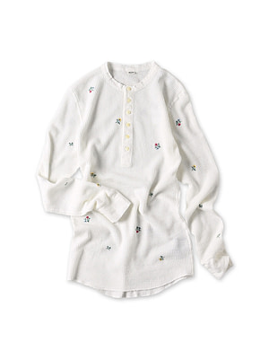 Embroidery Waffle Henley Antique White
