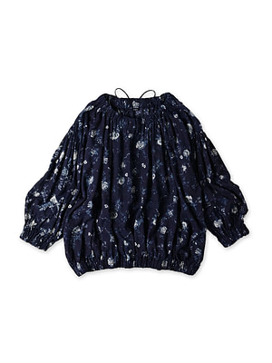 Indigo 45 Gauze Antique Flower Print Shirring Blouse