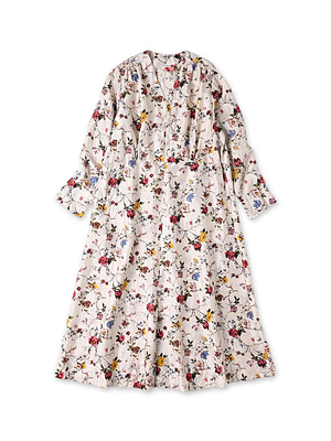 Silk Antique Flower Print Dress Ice Beige