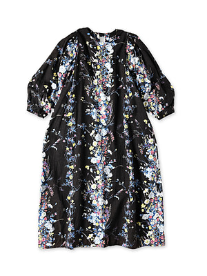 Indian Khadi Bouquet Stripe Print Puff Bridge Dress Brown