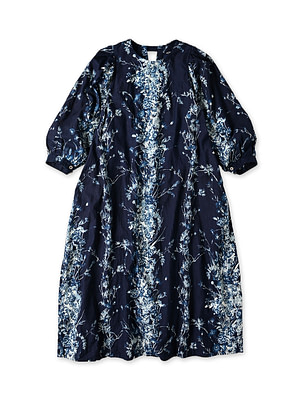 Indigo Indian Khadi Bouquet Stripe Print Puff Bridge Dress