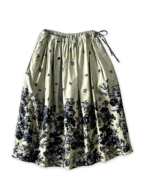 Indigo Discharge Rose Print Easy Gather Skirt Indigo Base