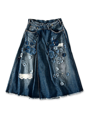 Rye Mugi Denim Cross Over Skirt APPARE Distressed Flower R66 Zyu