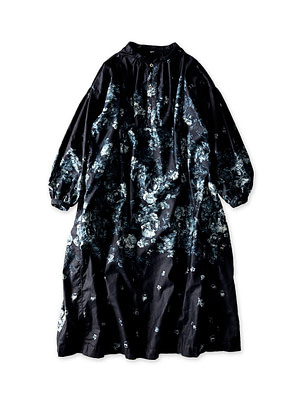 Indigo Discharged Rose Print Smock Dress Indigo Discharge Print