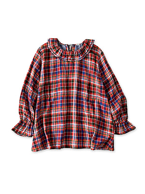 Gauze Double Woven Frill Collar Blouse Red Tartan Check