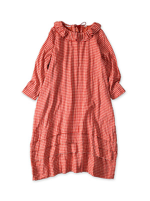Gauze Double Woven Frill Collar Dress Red Gingham