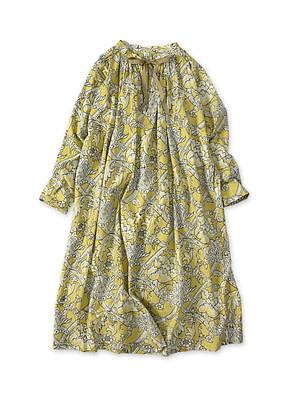 Indian Khadi Flower Sarasa Print Chou Chou Smock Dress Lemon