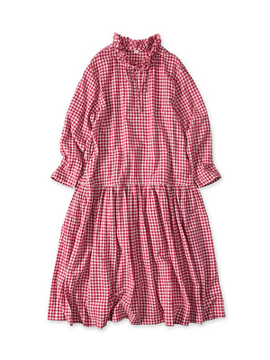 Gauze Gingham Frill Collar Dress Magenta Gingham