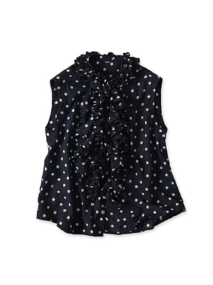 Indigo Gauze Polka Dots Print Frill Sleeveless Shirt