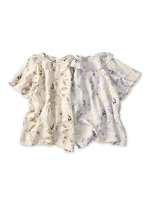 Linen Breezy Campanula Print Tuck Collar Blouse