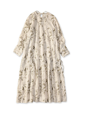 Linen Breezy Campanula Print Pintuck Dress Brown