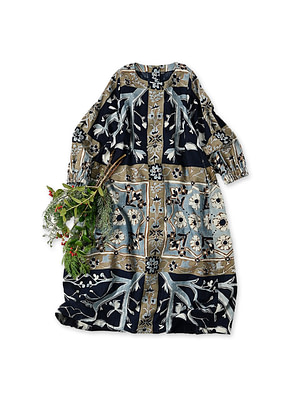 Indigo Chestnut Satin Holy Night Print Dress Indigo