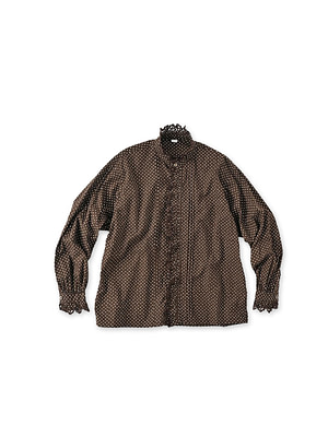 Tappet Dot Print Cutwork Frill Blouse Dark Brown