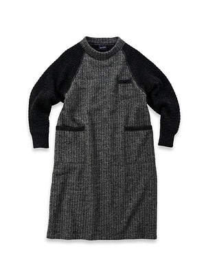 Shetland Wool Tweed Knit Dress Charcoal Herringbone