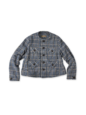 Indigo Cotton Tweed No Collar Annie Jacket Indigo Glen Check