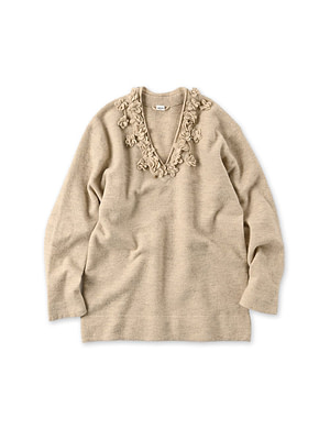 Float Boiled Wool V-neck Beige Top