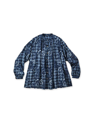 Indigo Flower Gingham Print Kushukushu Blouse Indigo