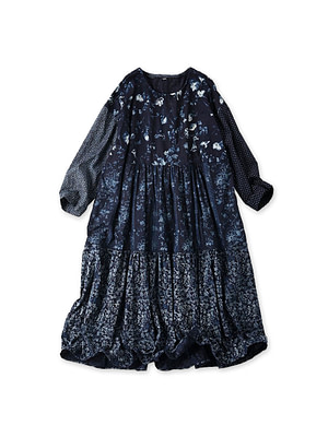 Indigo Hira Flower Mix Print Dress Indigo