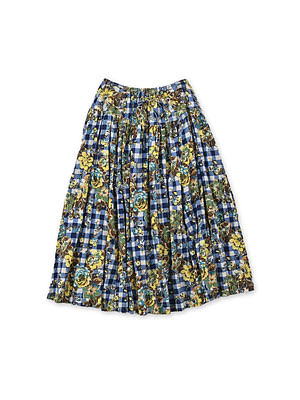 Indian Khadi Flower Gingham Print Easy Skirt Navy