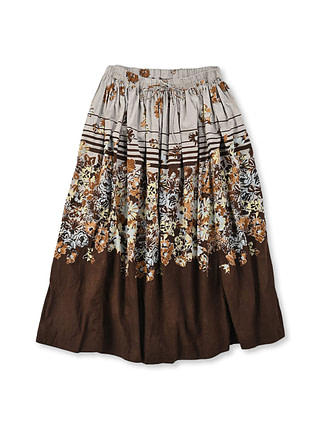 Border Flower Print Cotton Easy Skirt Brown