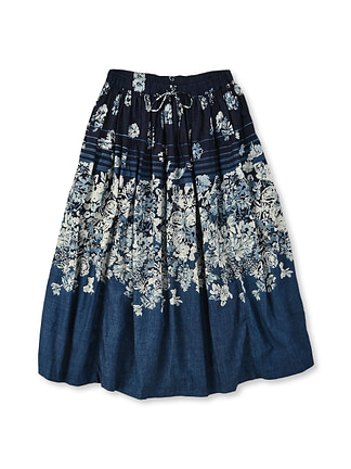 Indigo Border Flower Print Cotton Easy Skirt Indigo