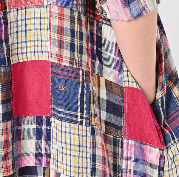 Indian Linen Patchwork Dress Blue Patchwork Detail