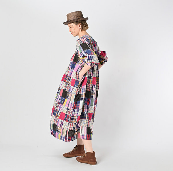 Indian Linen Patchwork Dress Blue Patchwork Female Model