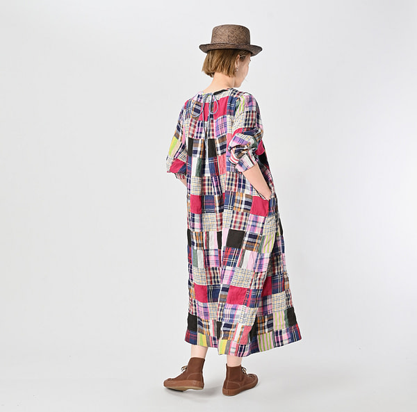 Indian Linen Patchwork Dress Blue Patchwork Female Model