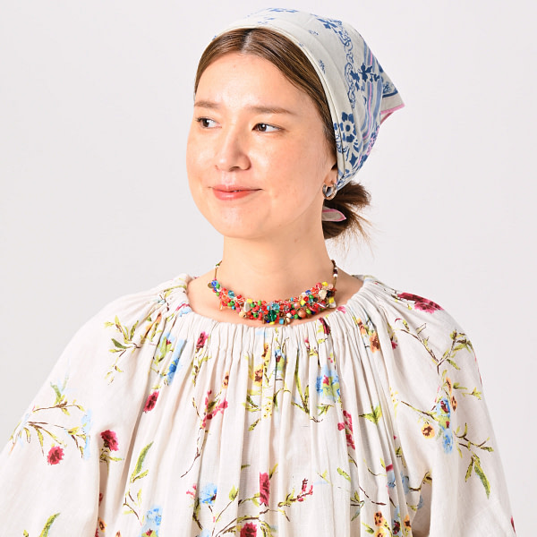 Indian Khadi Next to Spring Print Gathered Dress Detail