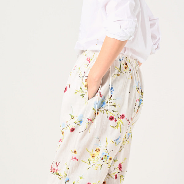 Indian Khadi Next to Spring Print Rapper Pants Detail